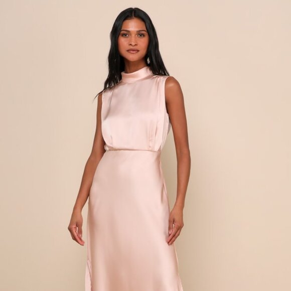 Lulus Dresses & Skirts - Lulus Classic Elegance Blush Satin Sleeveless Mock Neck Maxi Dress Pink - Size S
